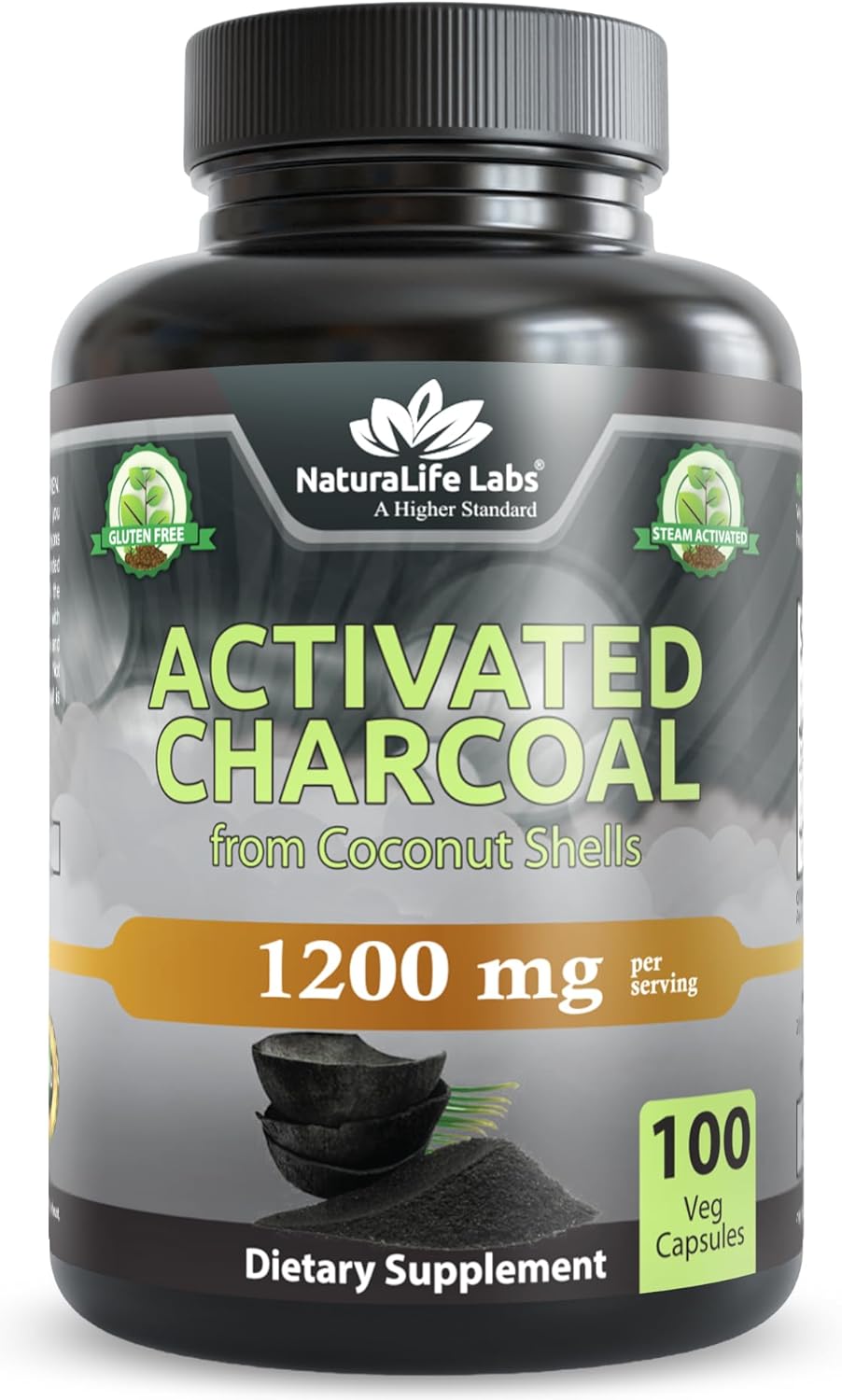 NaturaLife Labs Activated Charcoal capsules bottle on white background — 1200mg coconut shell vegan detox supplement