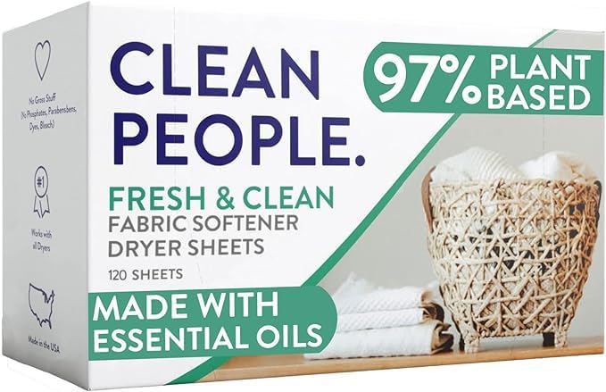 The Clean People Fabric Softener Dryer Sheets 120-pack, vegan laundry softener with essential oils, fresh scent, white and green packaging