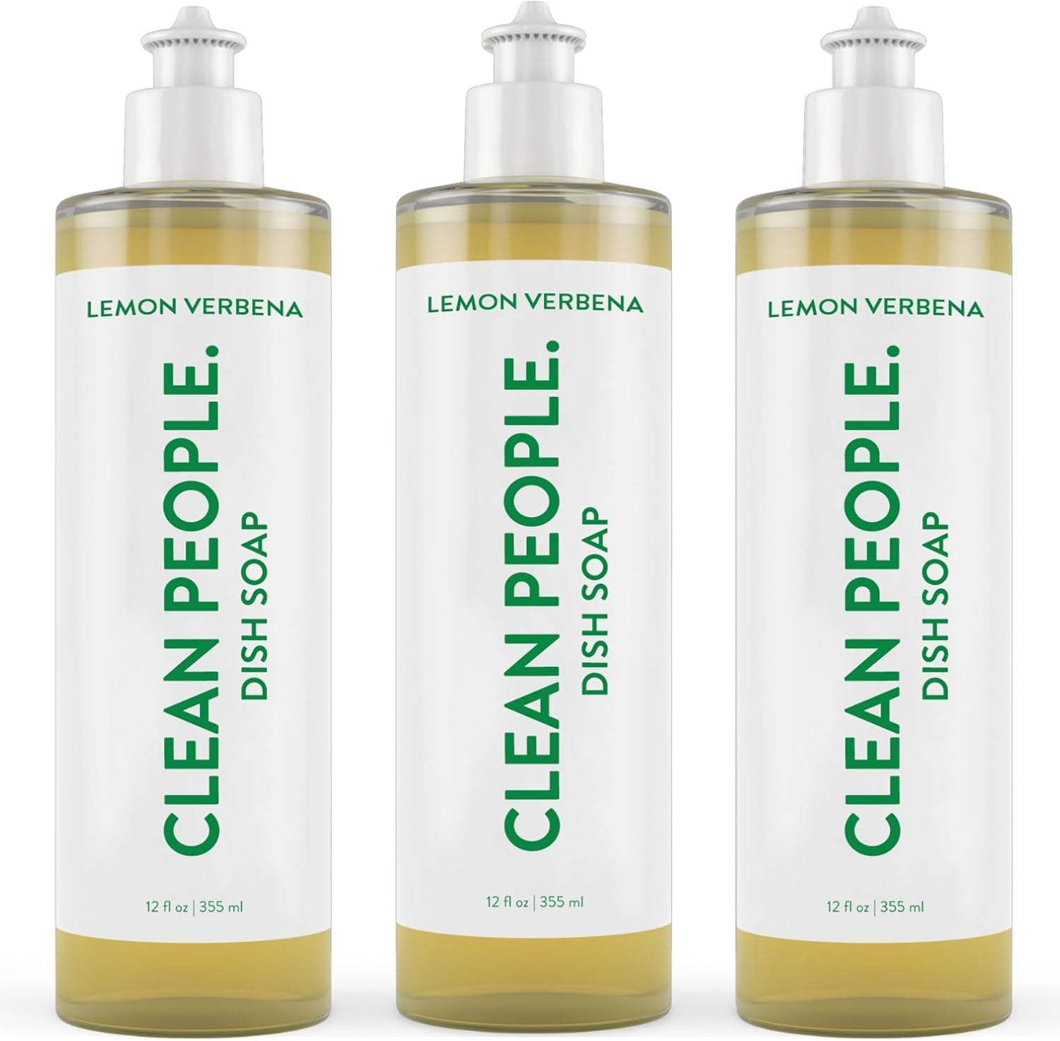 Three bottles of Clean People dish soap with lemon verbena scent on a white background.