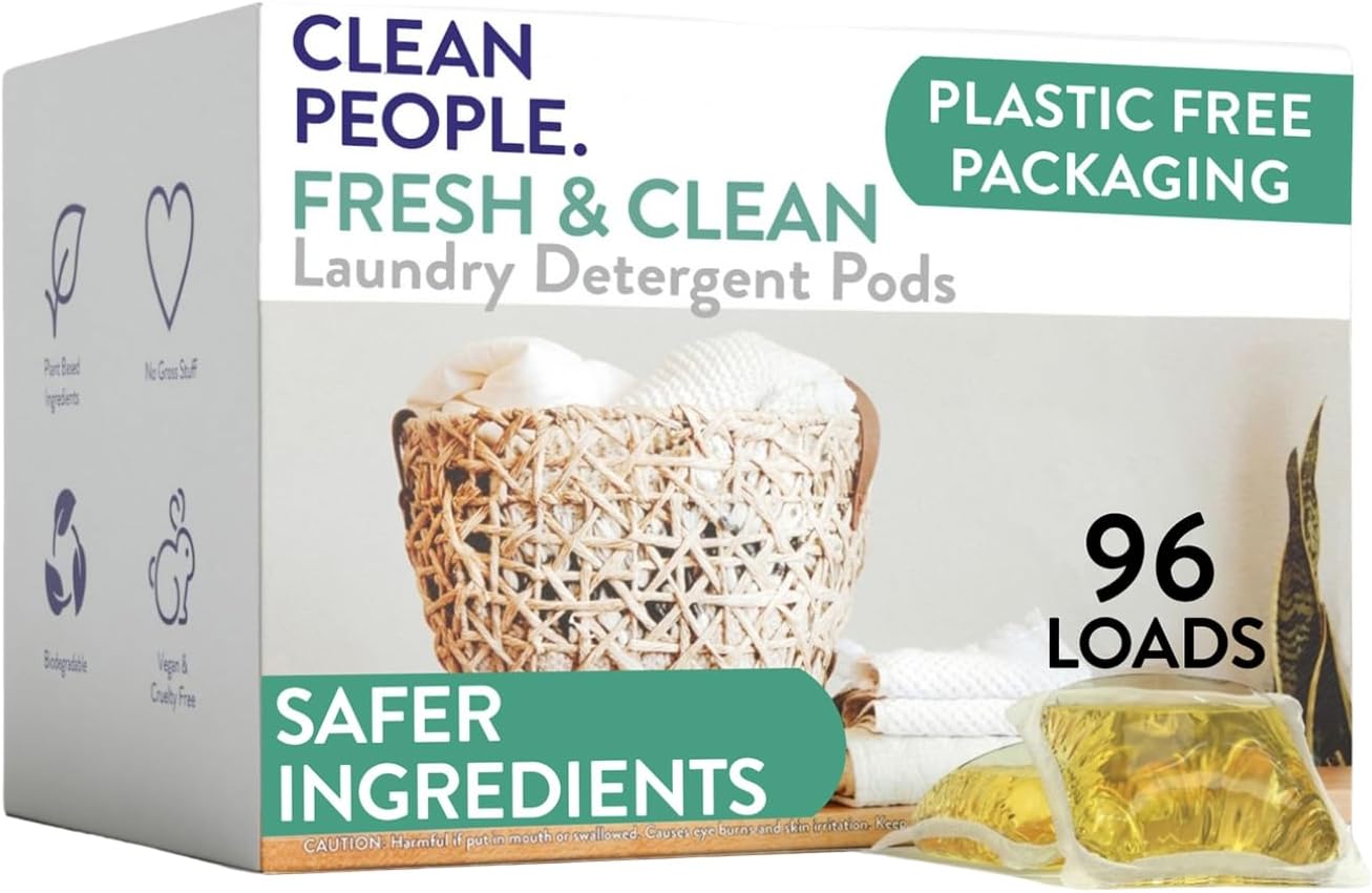 Box of laundry detergent pods with text highlighting plastic-free packaging and safer ingredients.