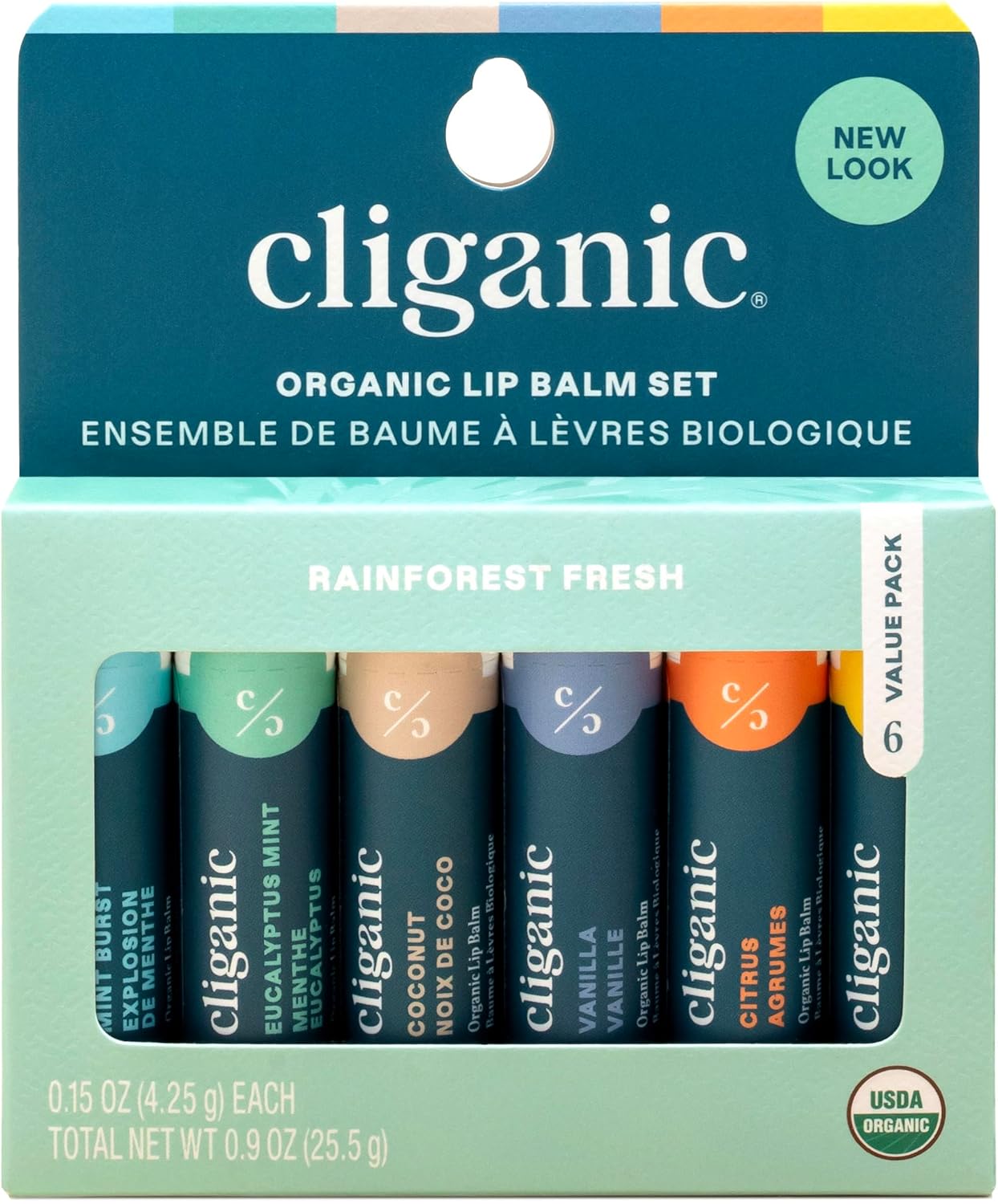 Cliganic USDA Certified Organic Lip Balm Set in 6 flavors — Mint Burst, Citrus, Beeswax, Eucalyptus Mint, Vanilla, and Coconut. 100% natural, paraben-free, cruelty-free, and made in the USA.