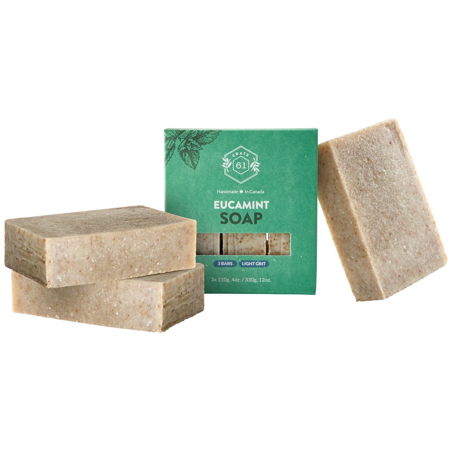 Three bars of eucalyptus soap with a green packaging box on a white background