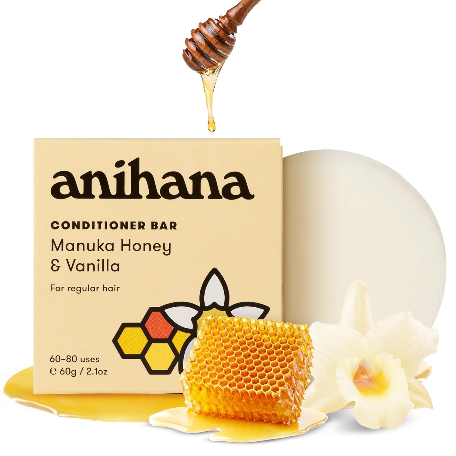 Anihana conditioner bar with honey and vanilla, featuring a honeycomb and vanilla flower on a white background.