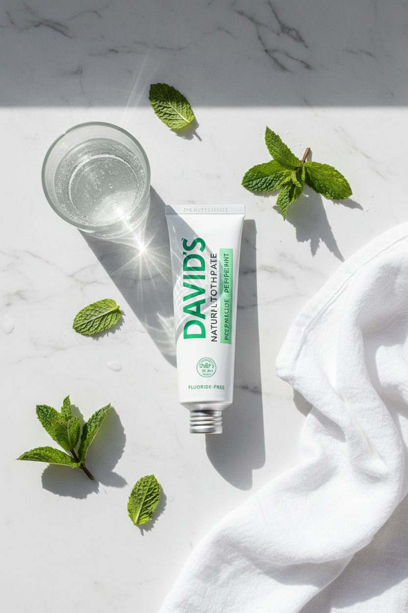 DAVID'S toothpaste tube with mint leaves and a glass of water on a marble surface