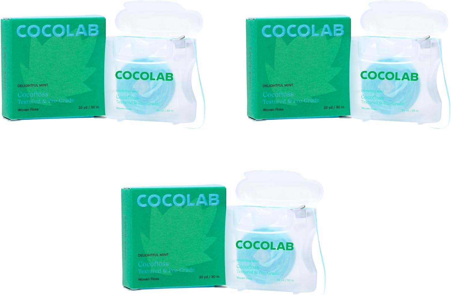 Cocofloss expanding woven dental floss in mint scent, 3-pack — coconut oil infused, vegan, non-toxic oral care for adults and kids.