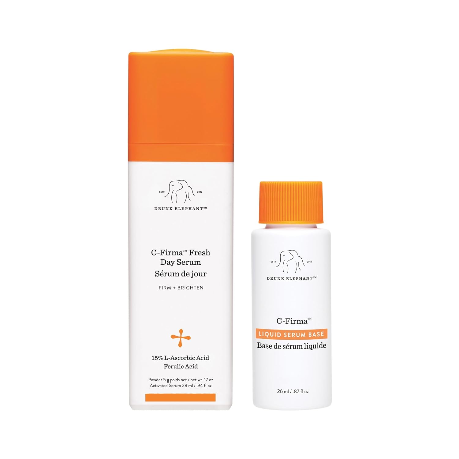 Drunk Elephant C-Firma Fresh Day Serum amber bottle on white background — 15% vitamin C clean luxury skincare