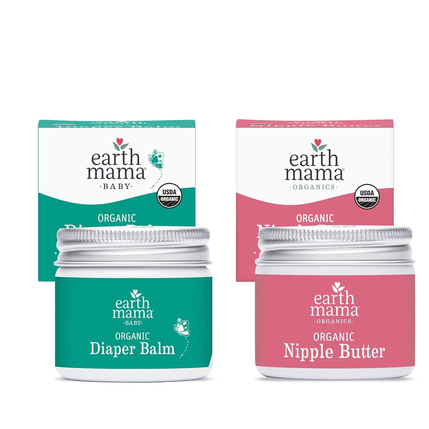 Two jars of Earth Mama Organic Diaper Balm and Nipple Butter on a white background