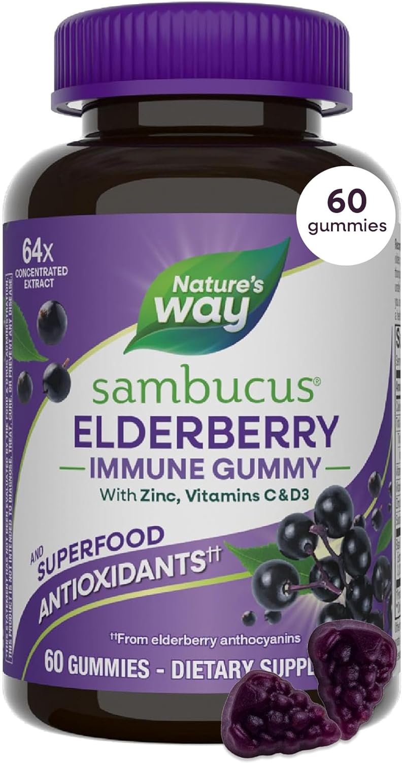 Nature's Way sambucus elderberry immune gummy bottle with purple cap and label.