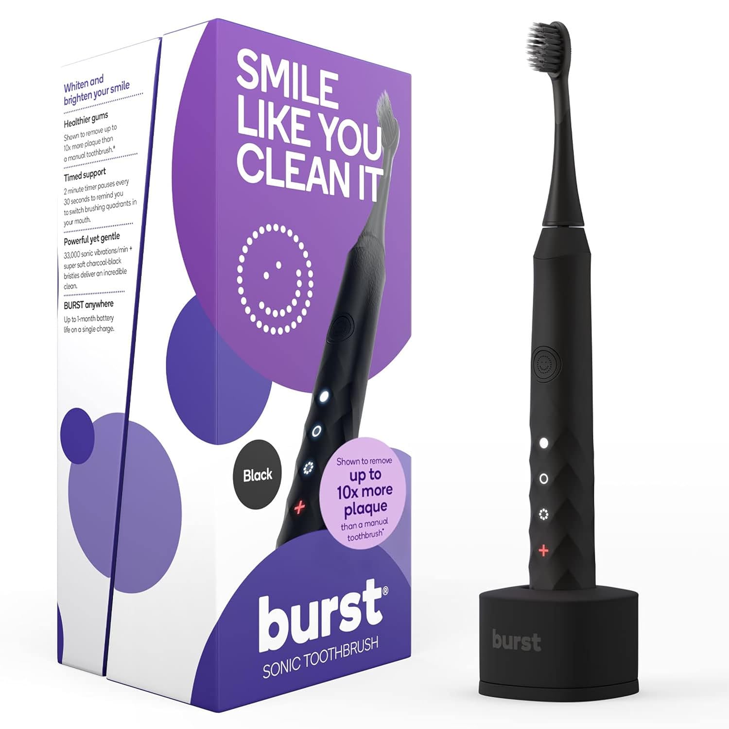 Black sonic toothbrush with packaging featuring 'burst' branding and promotional text.