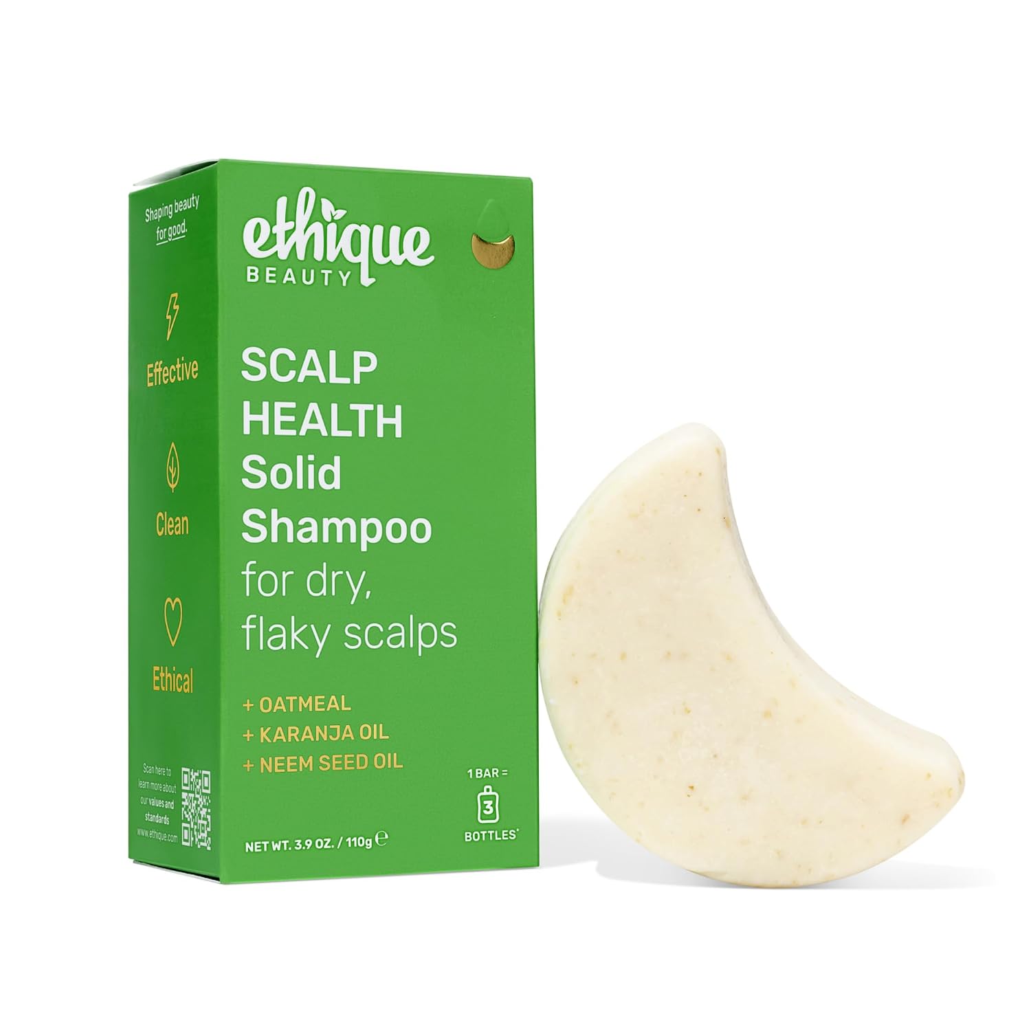 Ethique Beauty scalp health solid shampoo bar and packaging on a white background
