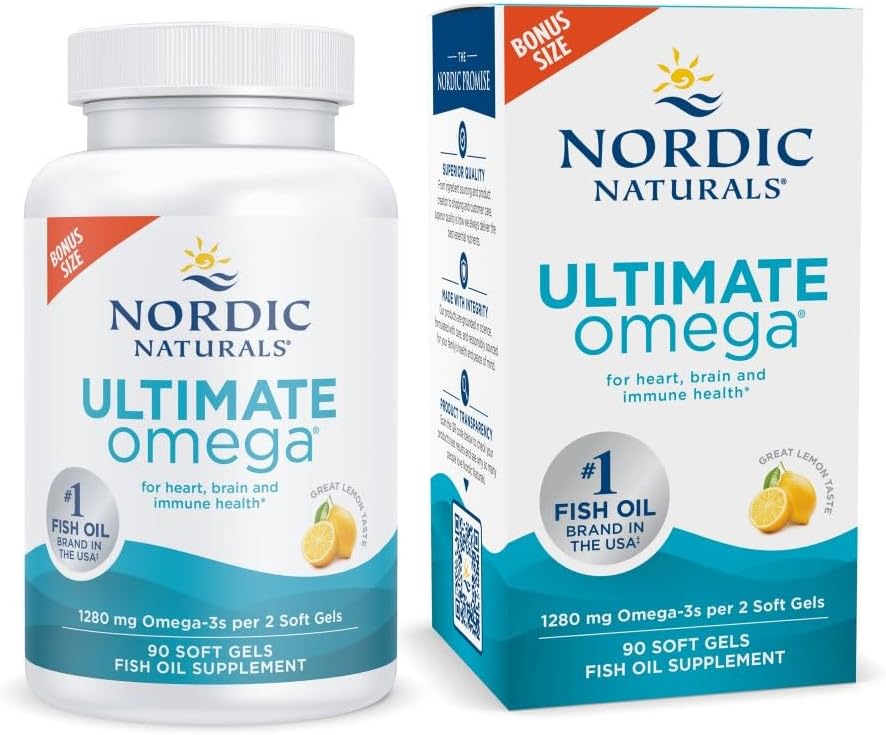 Nordic Naturals Ultimate Omega fish oil supplement bottle and packaging.