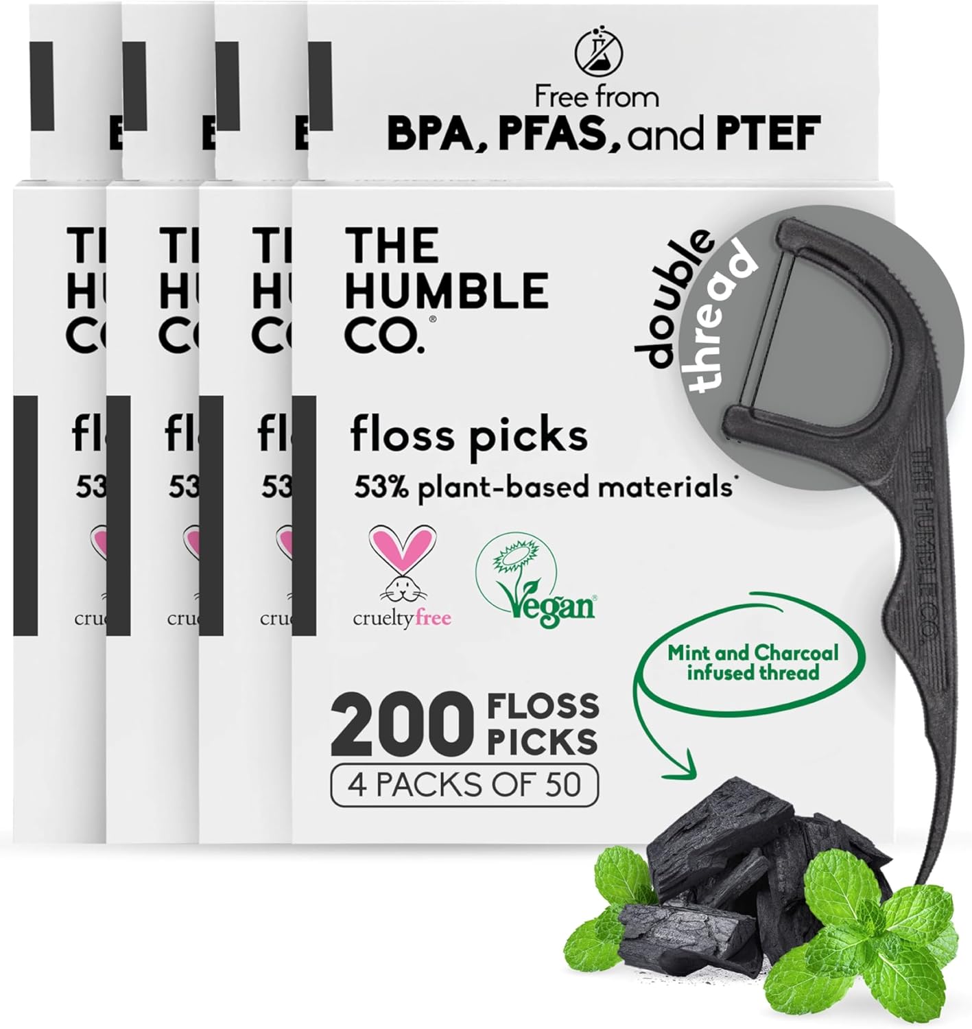Packaging of The Humble Co. floss picks with a dental floss threader on a white background.