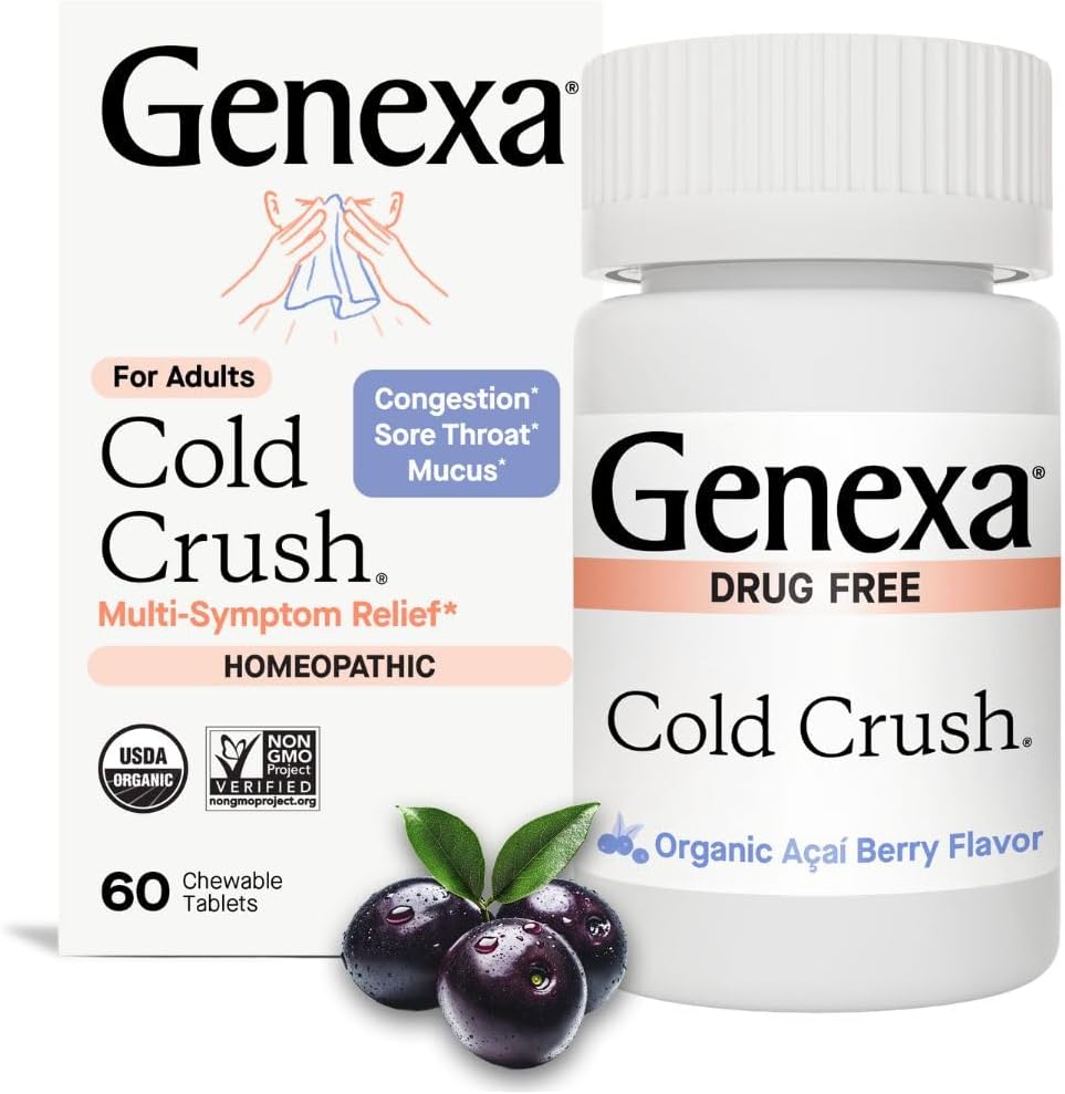 Genexa Cold Crush multi-symptom relief chewable tablets shown with the retail box and bottle, plus a few acai berry pieces on a white background.