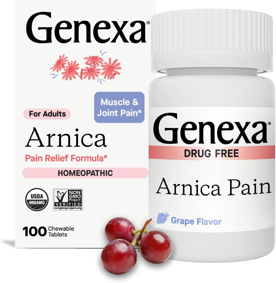 Genexa Arnica Pain Relief Formula chewable tablets shown with the retail box and a white bottle, plus a few red grapes on a clean white background.