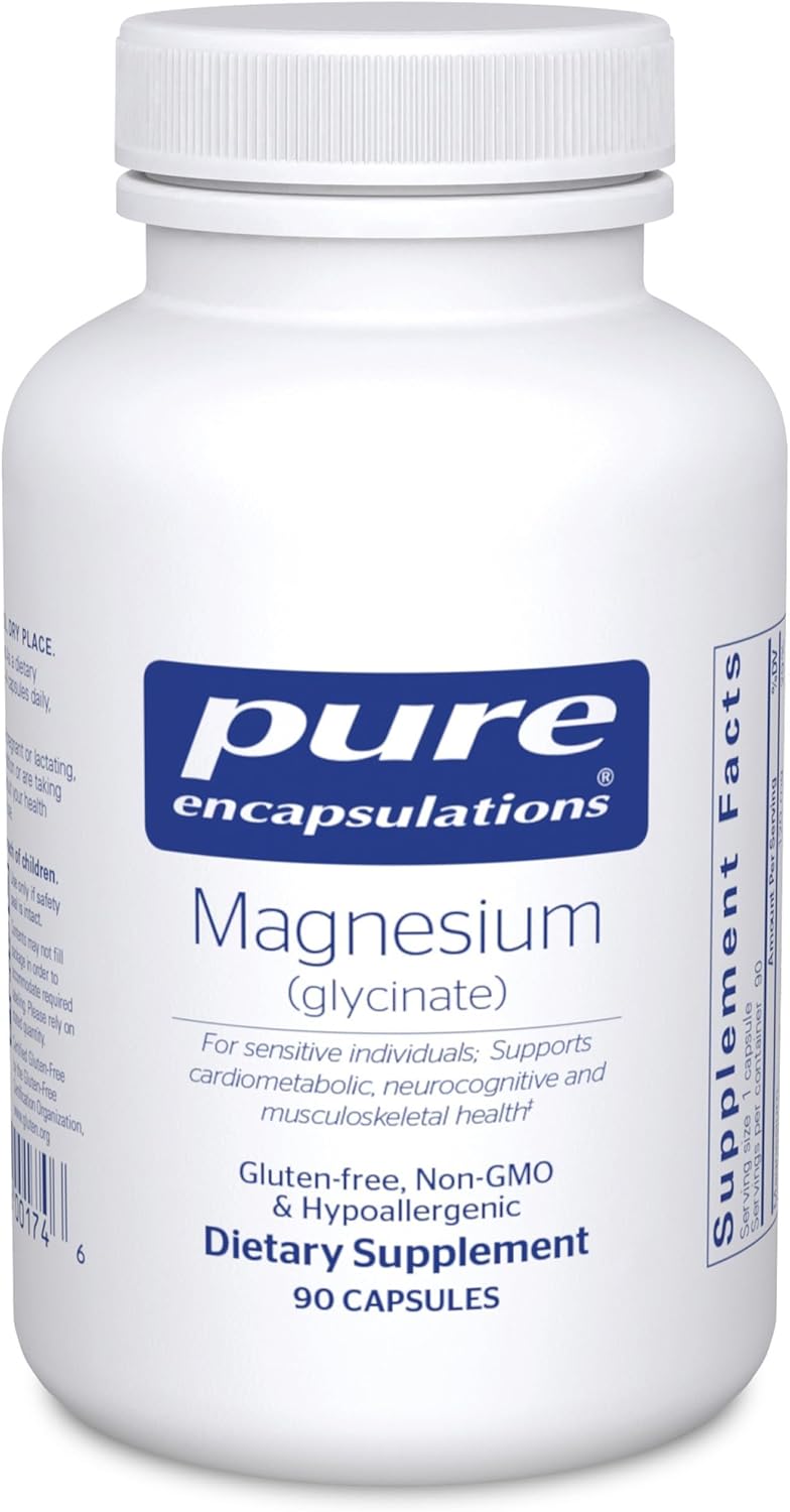 Supplement bottle labeled 'pure encapsulations Magnesium (glycinate)' on a white background