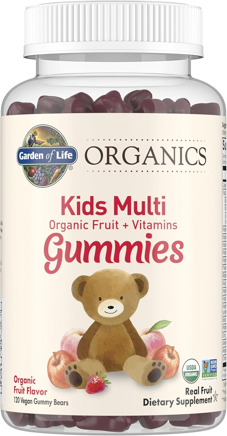 "Garden of Life mykind Organics Kids Multi Gummies bottle with bear illustration, organic fruit flavor, 120 vegan gummy bears — USDA Organic, Non-GMO Verified children's multivitamin"