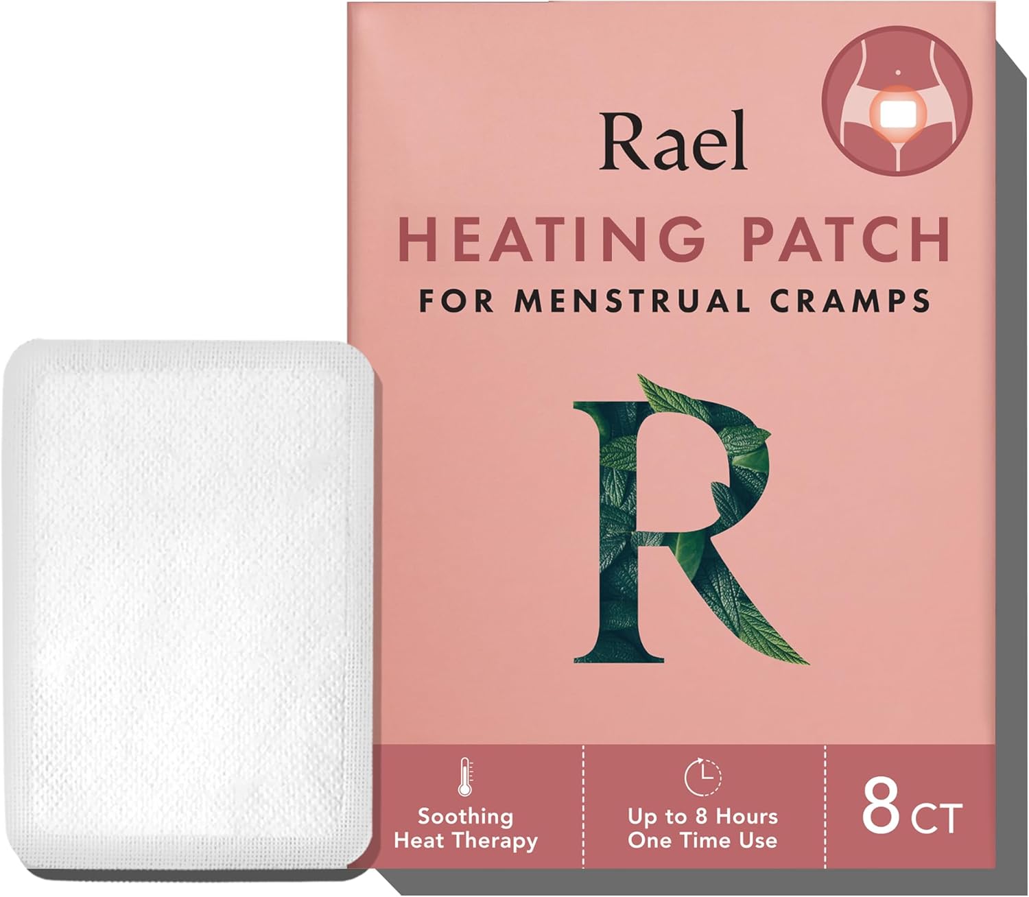 Rael heating patch for menstrual cramps with packaging on a white background