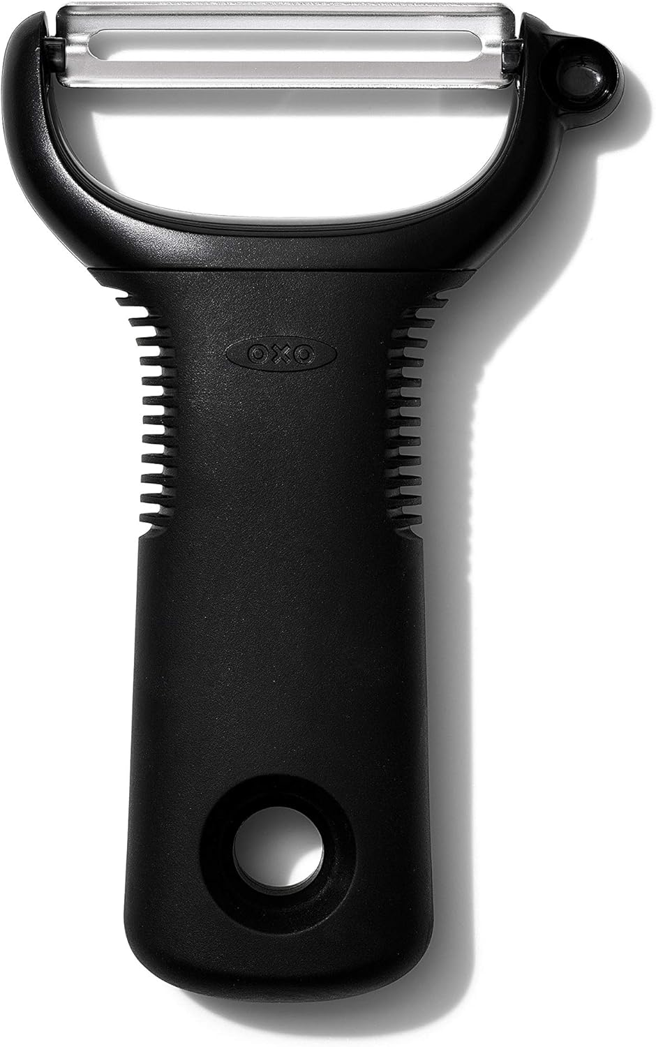 OXO Good Grips Y-Peeler with sharp stainless steel blade and soft black non-slip grip on white background