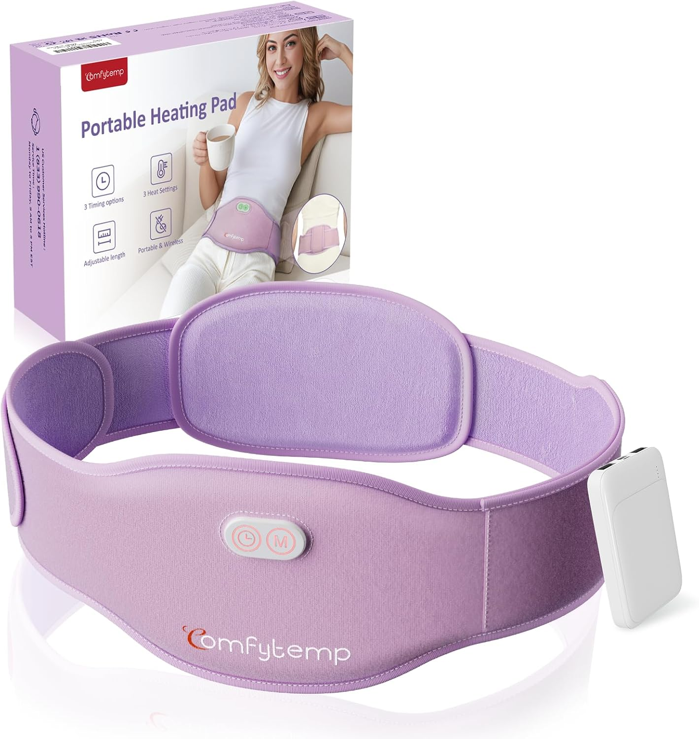 Comfytemp Portable Belly and Back Heating Pad for Period Cramps in purple with packaging box on white background — wireless, 3 heat settings, FSA/HSA eligible
