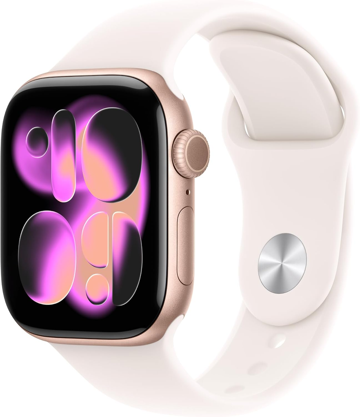 Apple Watch Series 11 in Rose Gold aluminum case with Light Blush Sport Band showing purple wellness watch face on white background
