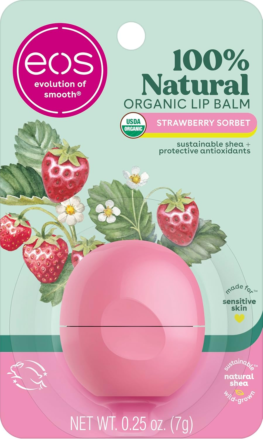 eos 100% Natural Organic Lip Balm in Strawberry Sorbet — USDA Organic, dermatologist recommended lip balm with sustainable shea and protective antioxidants for sensitive skin