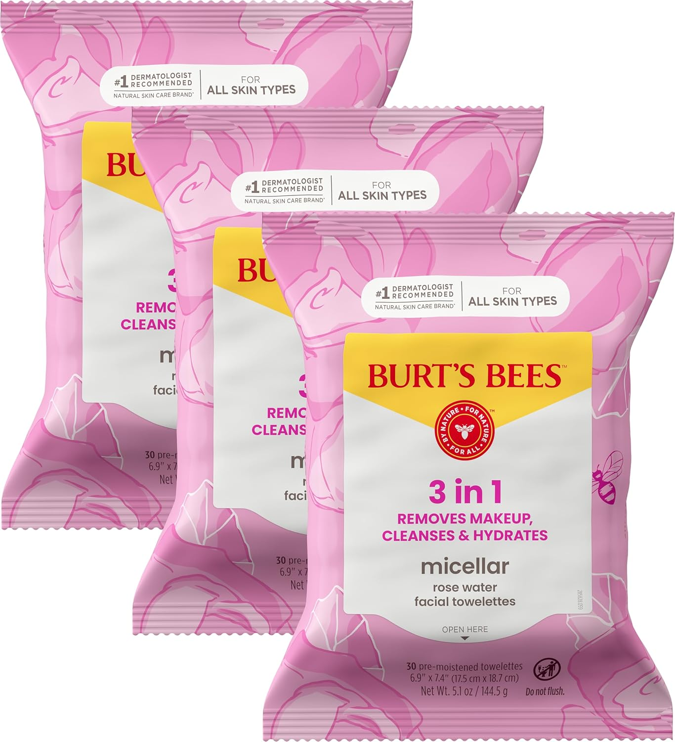 Burt's Bees Micellar Rose Water Facial Towelettes 3-pack pink floral packaging showing 3-in-1 removes makeup cleanses and hydrates, 30 pre-moistened towelettes per pack, #1 dermatologist recommended natural skin care brand