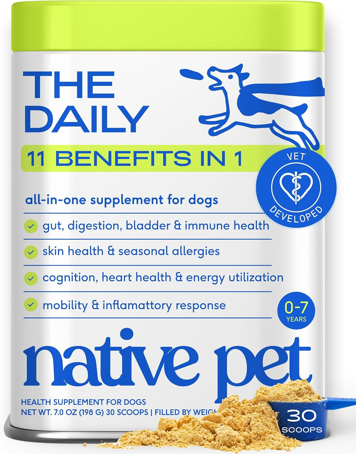 Native Pet The Daily 11-in-1 supplement powder for dogs, green-lidded container and blue scoop
