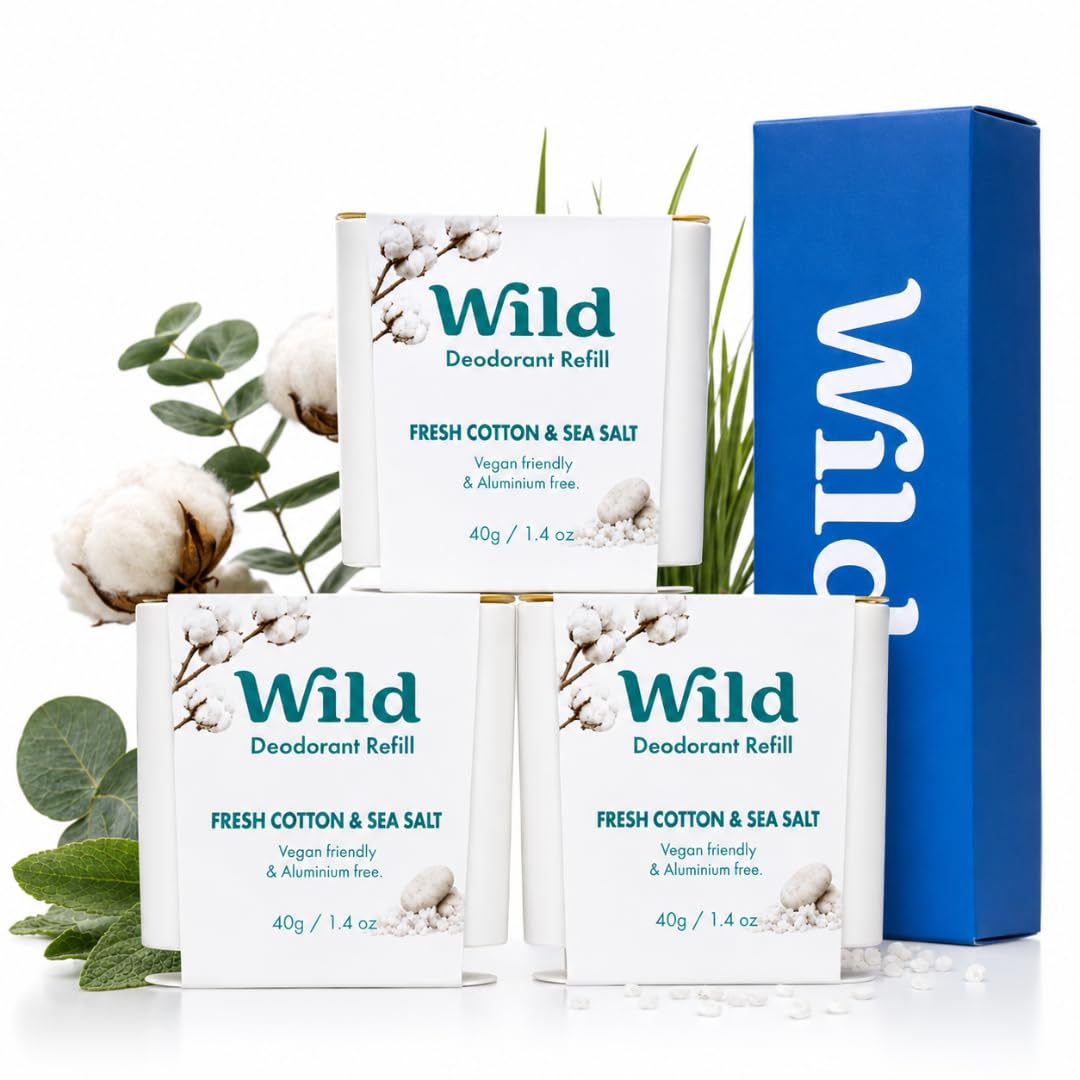 Wild Fresh Cotton and Sea Salt deodorant refills box of 3 on white background with cotton flowers and eucalyptus