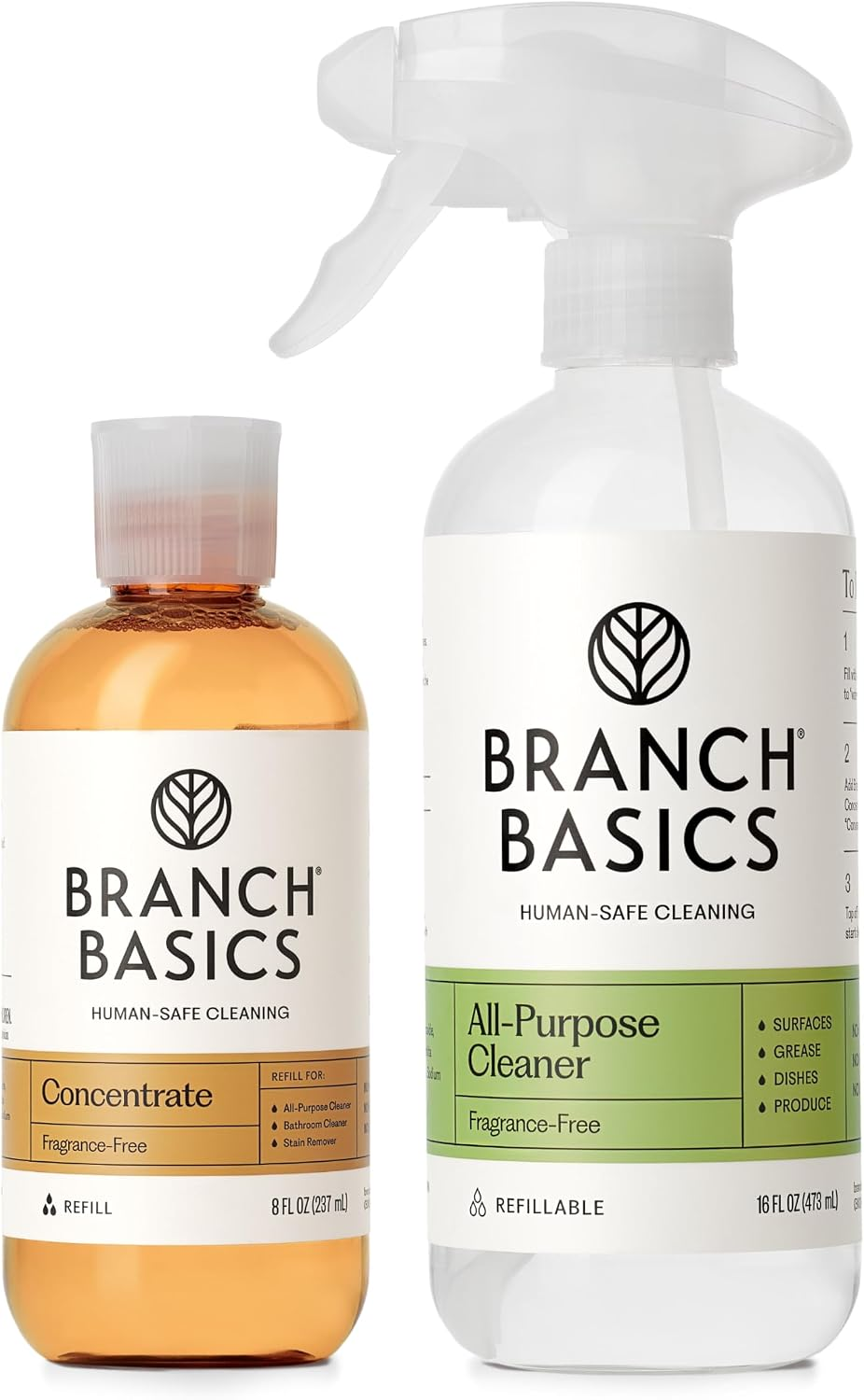 Branch Basics All-Purpose Starter Kit — 8 oz concentrate bottle and refillable spray bottle on white background, EWG Verified non-toxic surface cleaner