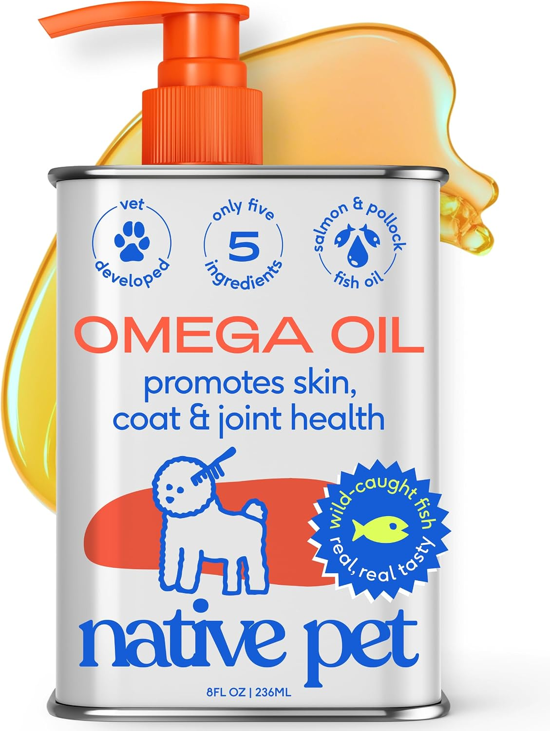 Native Pet Omega Oil salmon and pollock fish oil supplement, 8-fluid-ounce container with orange pump