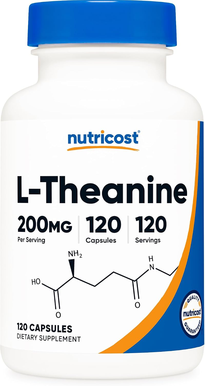Nutricost L-Theanine 200mg 120 Capsules white bottle with blue cap on white background