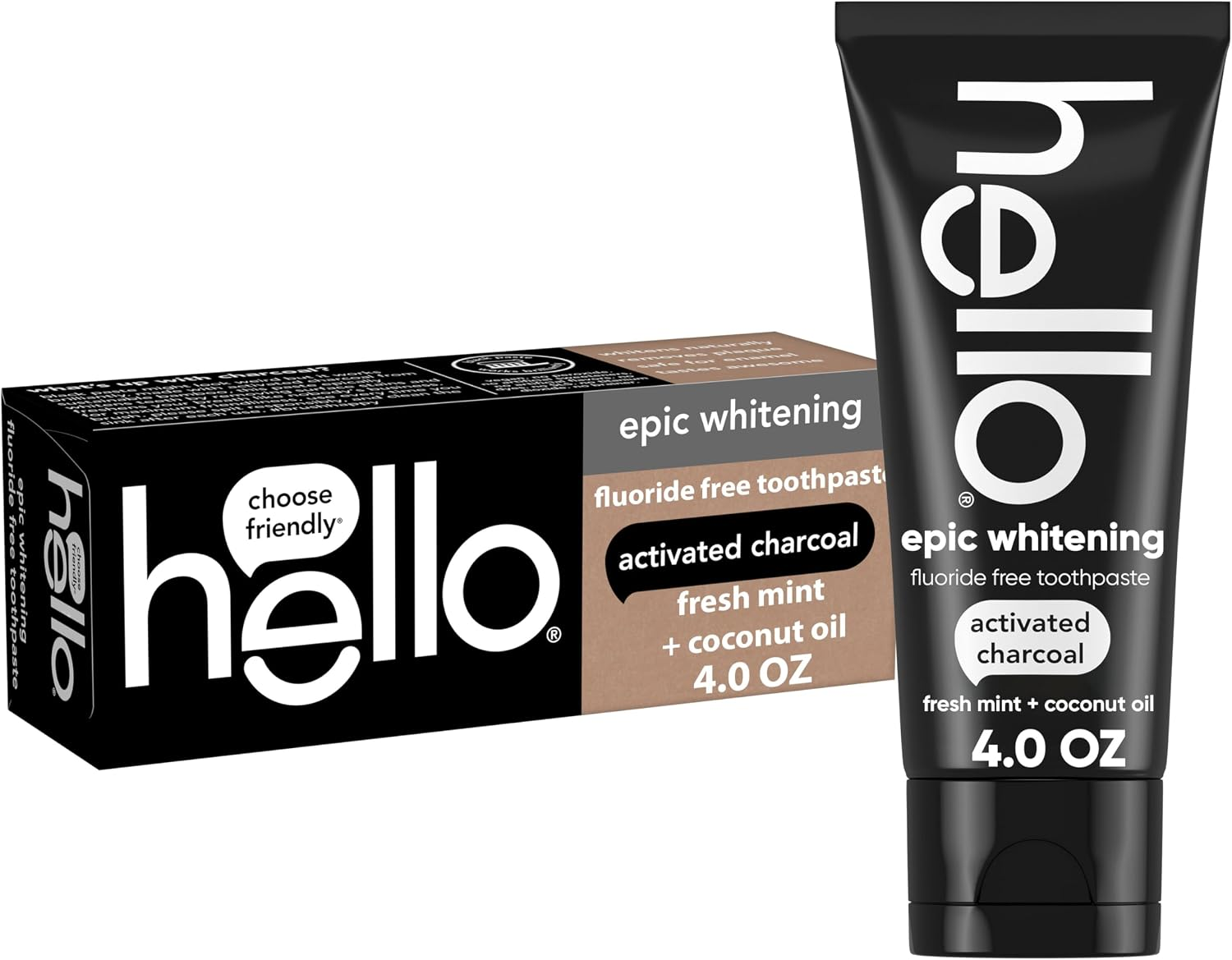 Hello Epic Whitening Activated Charcoal Toothpaste black tube and box on white background