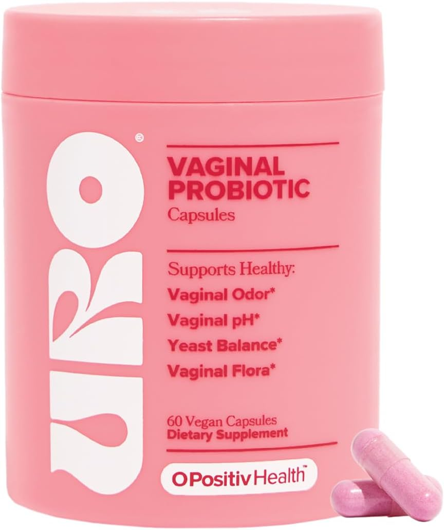 URO Vaginal Probiotic Capsules by O Positiv Health — pink jar of 60 vegan capsules supporting vaginal odor, pH, yeast balance, and flora