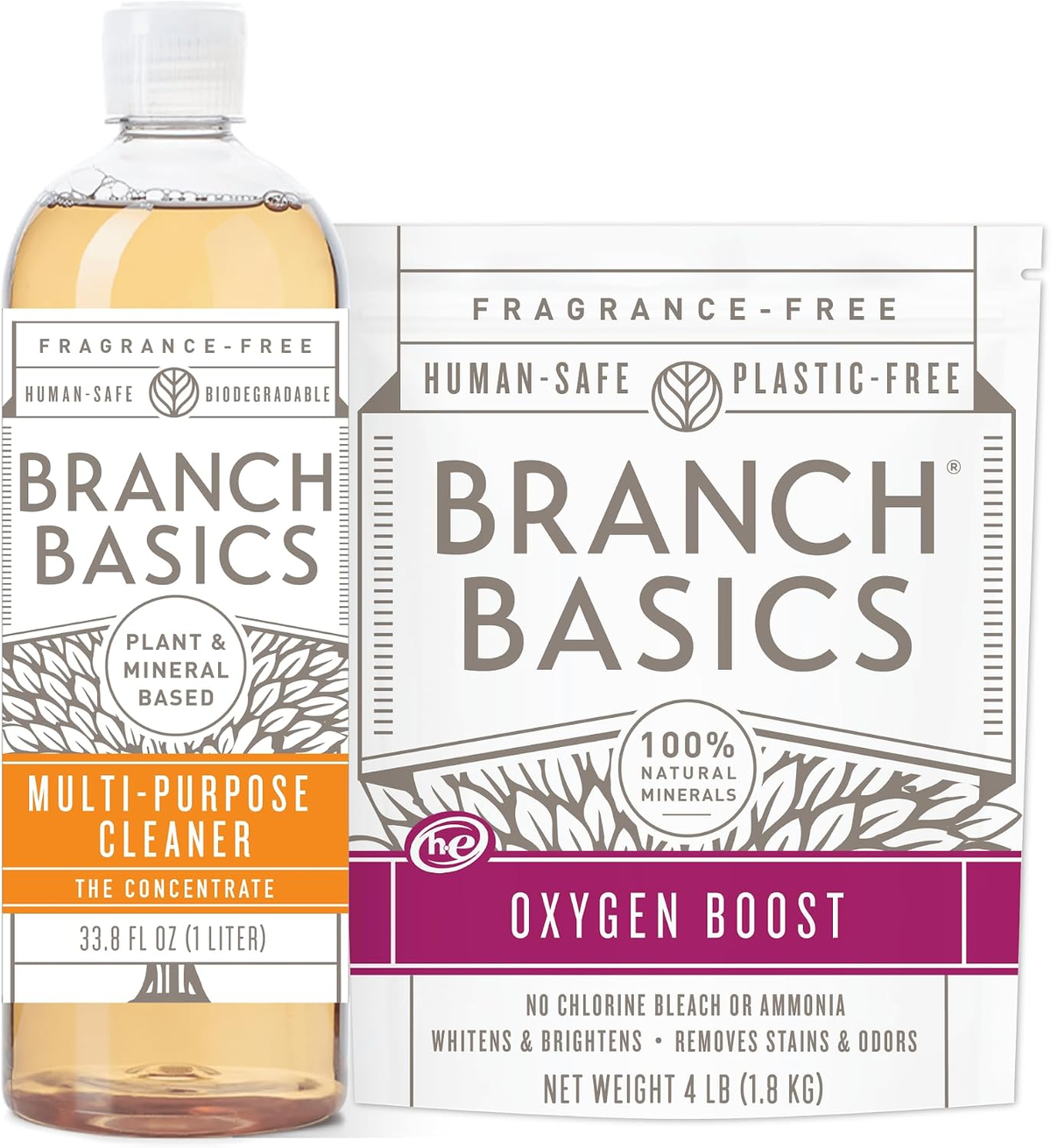 Branch Basics Concentrate 33.8 oz and Oxygen Boost 4 lb — fragrance-free, plant and mineral-based multi-purpose cleaning bundle
