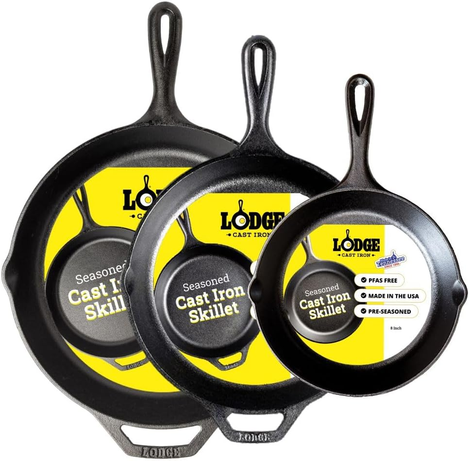 Lodge Pre-Seasoned Cast Iron Skillet Set — 8", 10.25" and 12" PFAS-free naturally non-stick skillets made in USA on white background