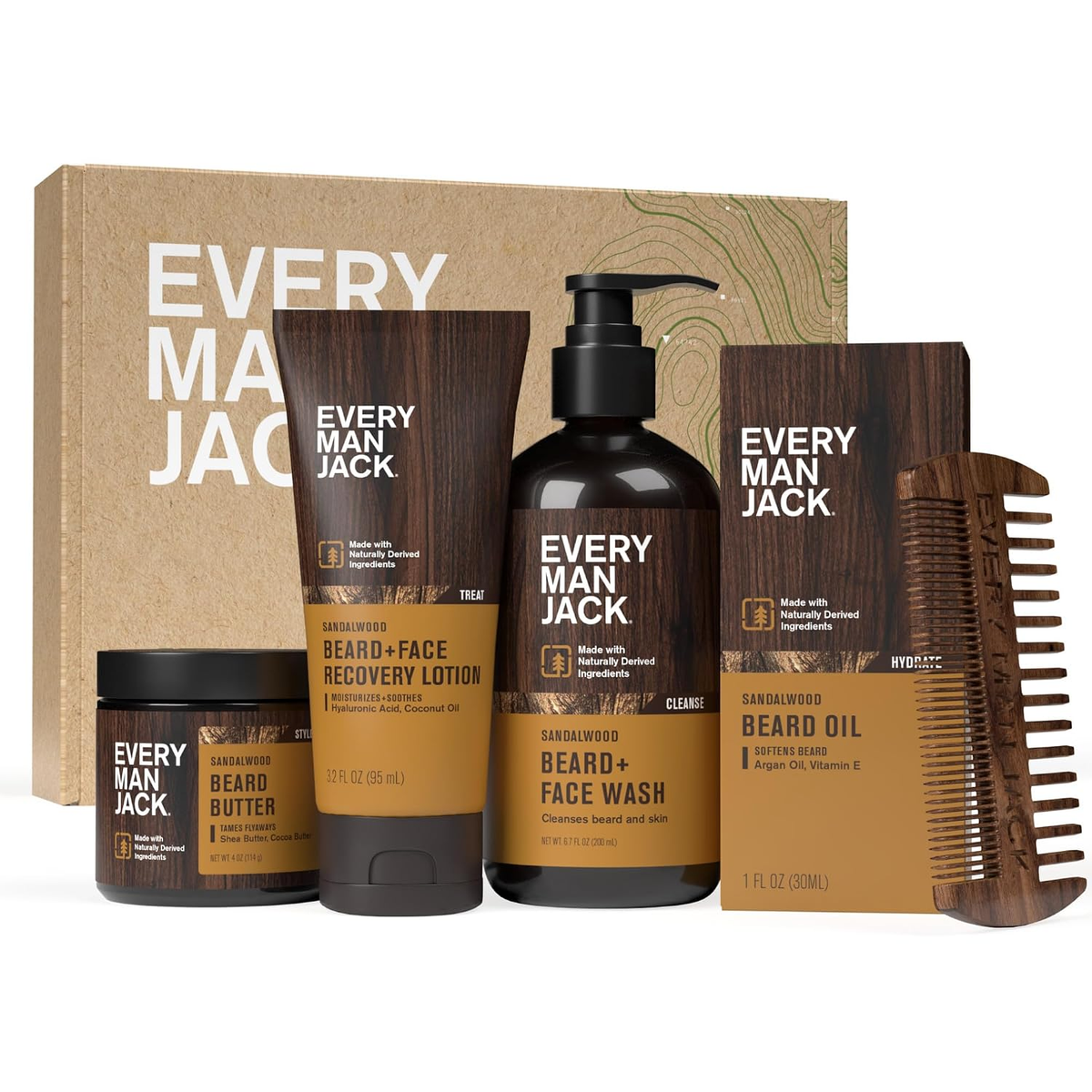 Every Man Jack Complete Beard Care Kit Sandalwood Teak Gift Set with Beard Butter, Face Wash, Recovery Lotion, Beard Oil and wooden comb in kraft gift box — BodyWell1