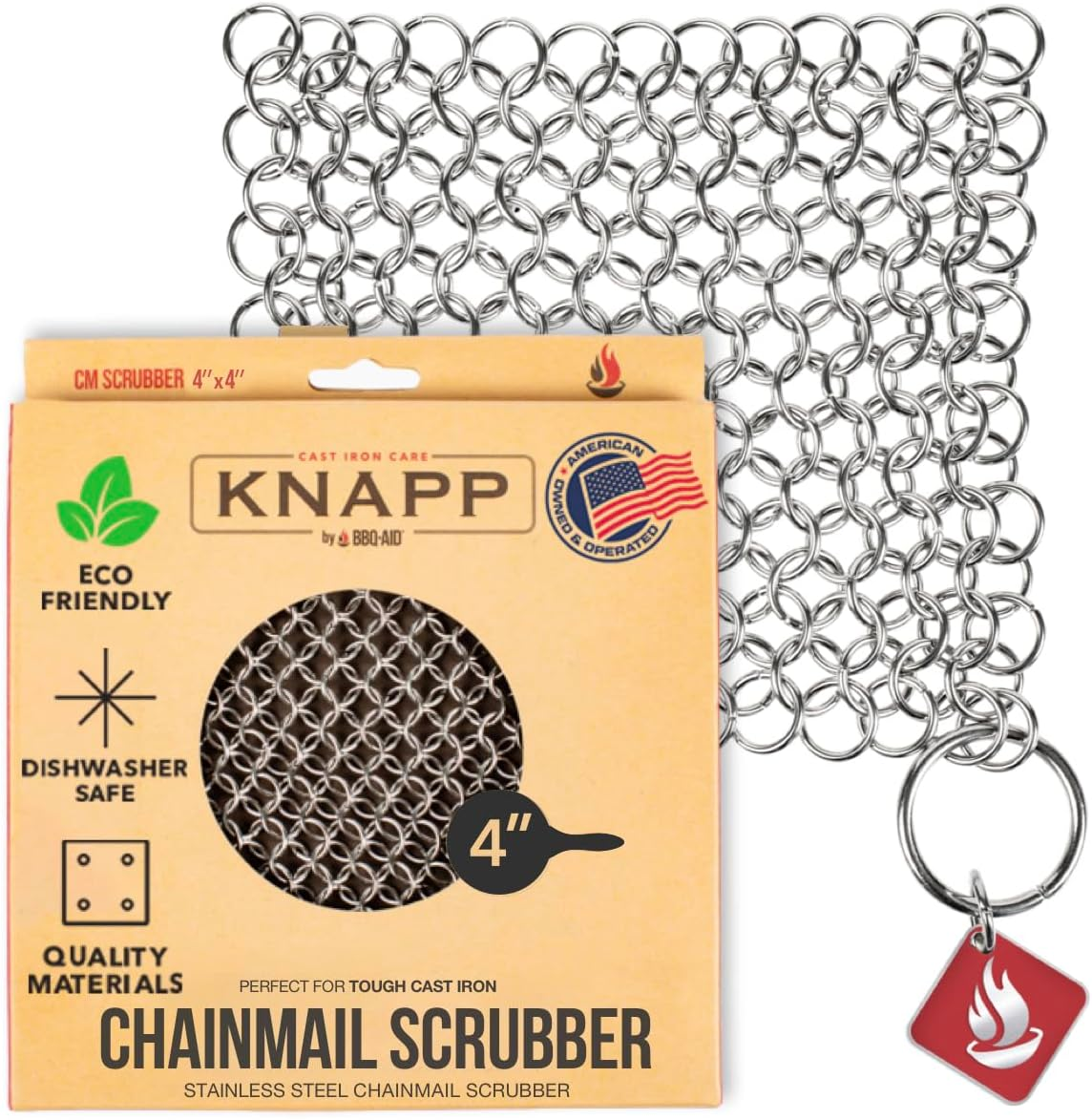 Knapp Made 4-inch stainless steel chainmail cast iron scrubber with packaging on a white background