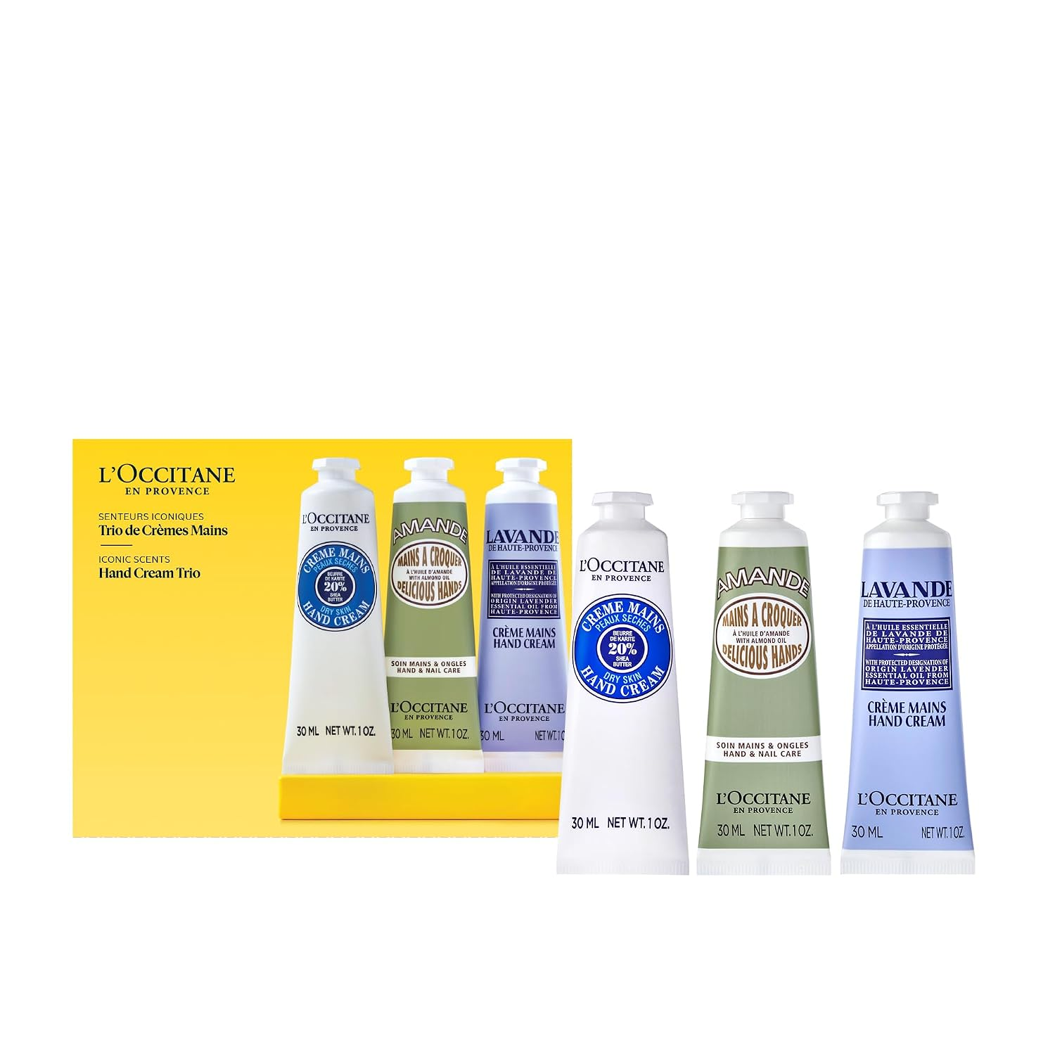 L'Occitane Hand Cream Classics 3-piece gift set with Shea, Almond and Lavender travel-size tubes on white background