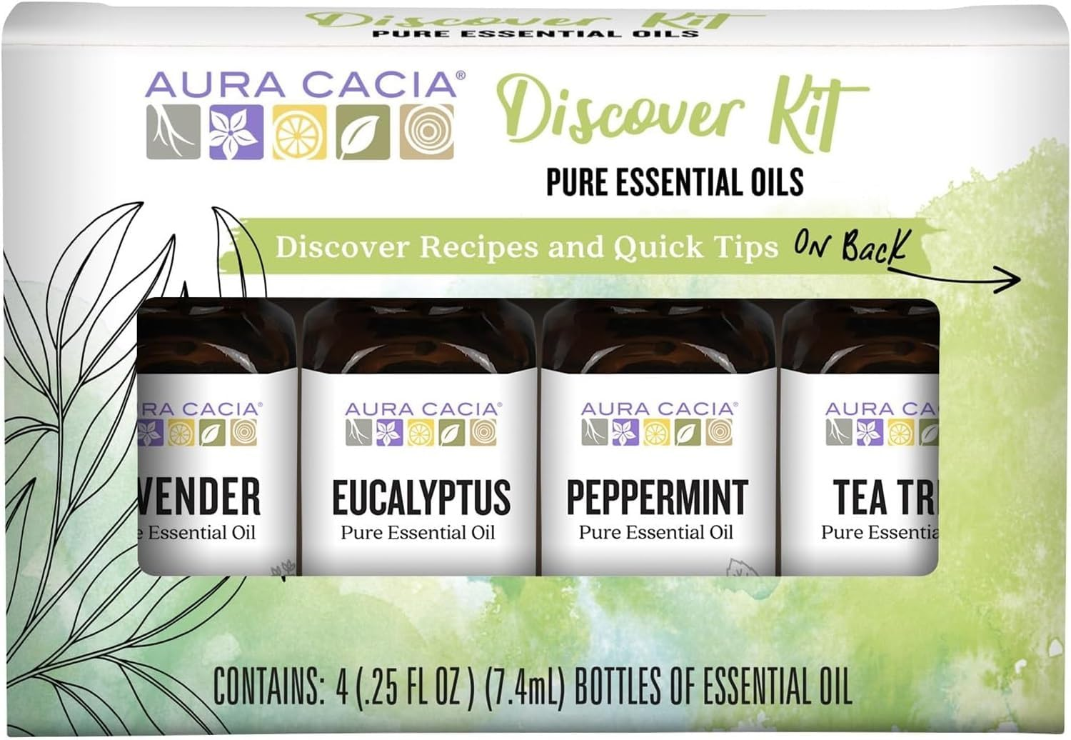 Aura Cacia Discover Essential Oils Kit 4-Pack – Pure Lavender, Eucalyptus, Peppermint and Tea Tree essential oils in trial size amber bottles in green and white packaging