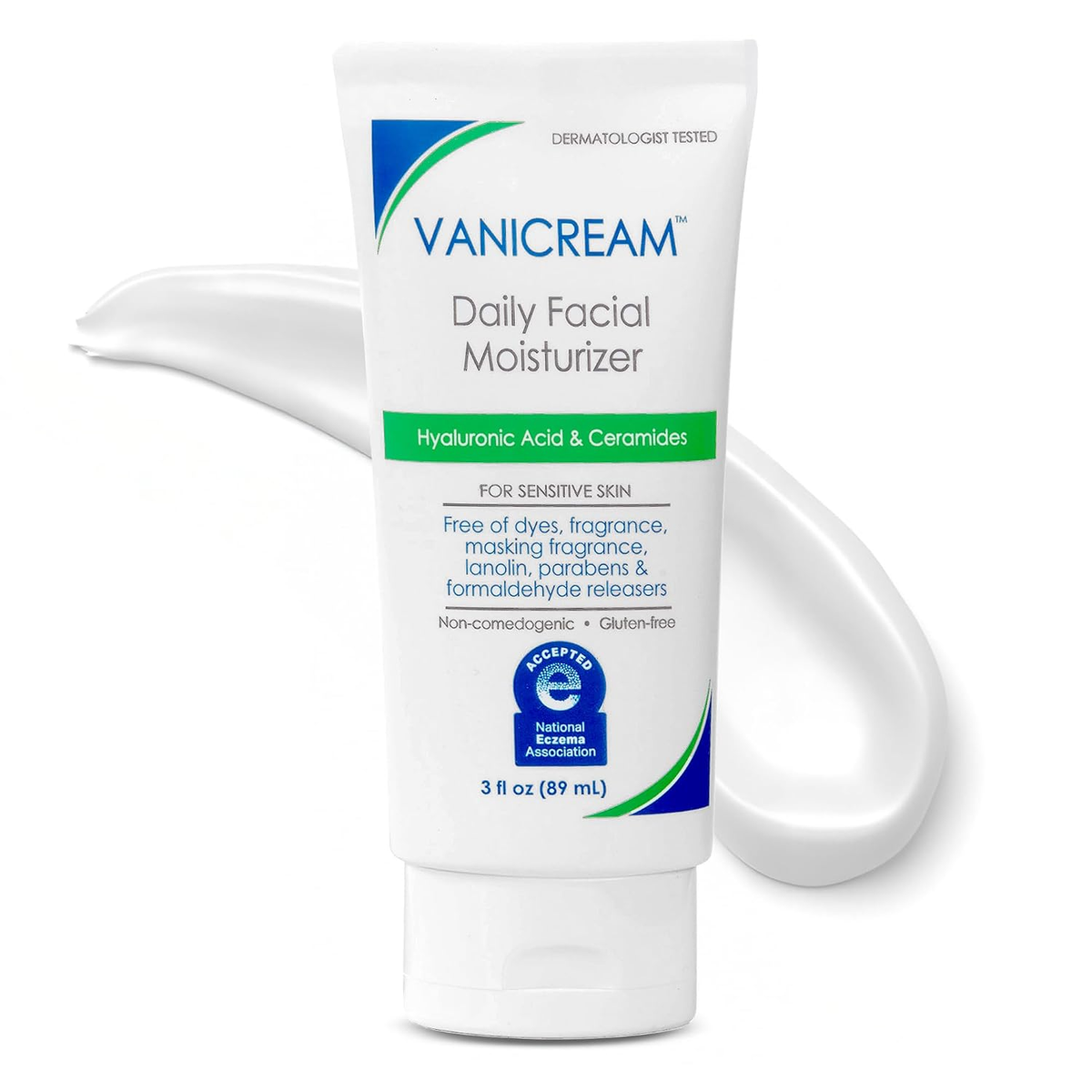 Vanicream Daily Facial Moisturizer for sensitive skin with hyaluronic acid and ceramides on a white background