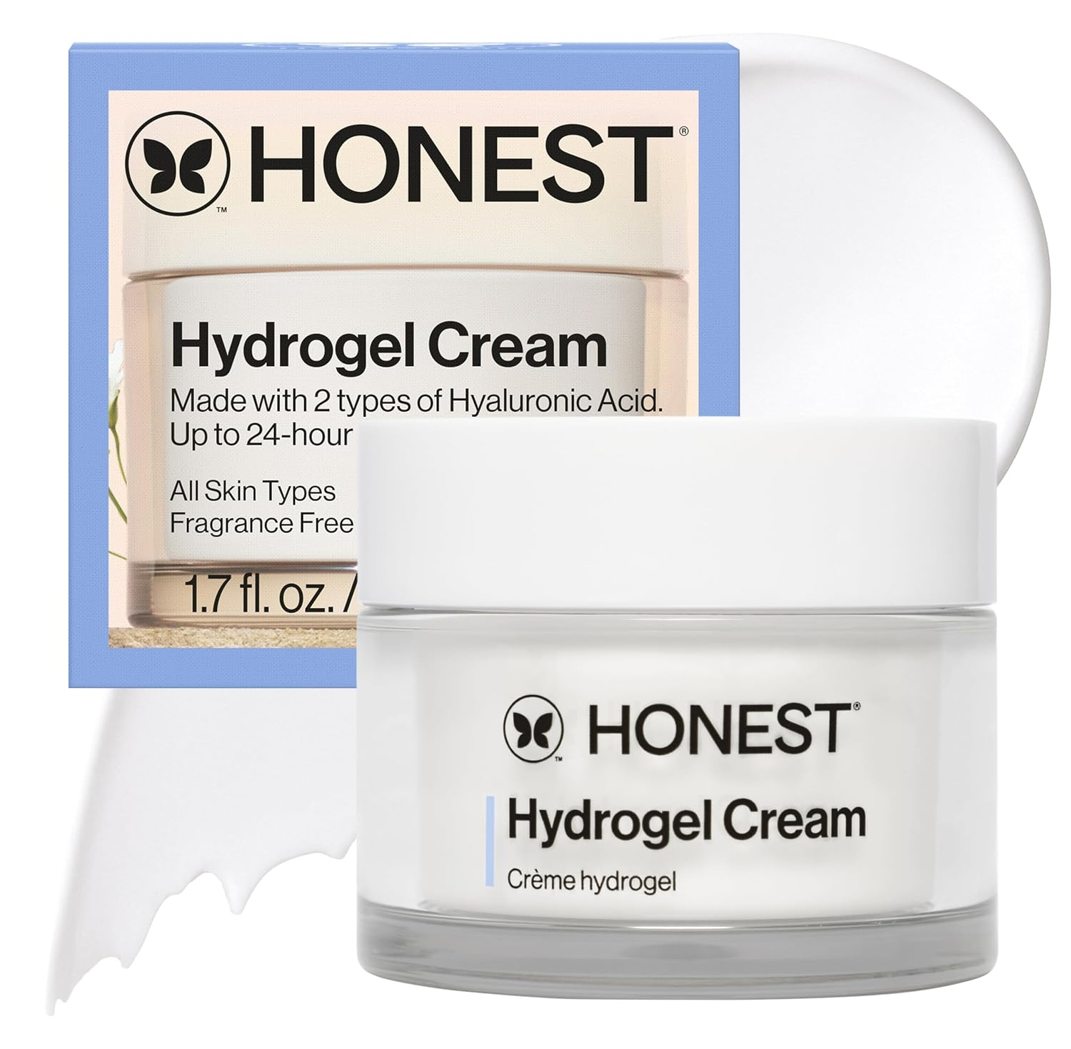 Honest Beauty Hydrogel Cream 1.7 fl oz jar with box — fragrance-free, dual hyaluronic acid moisturizer for sensitive skin
