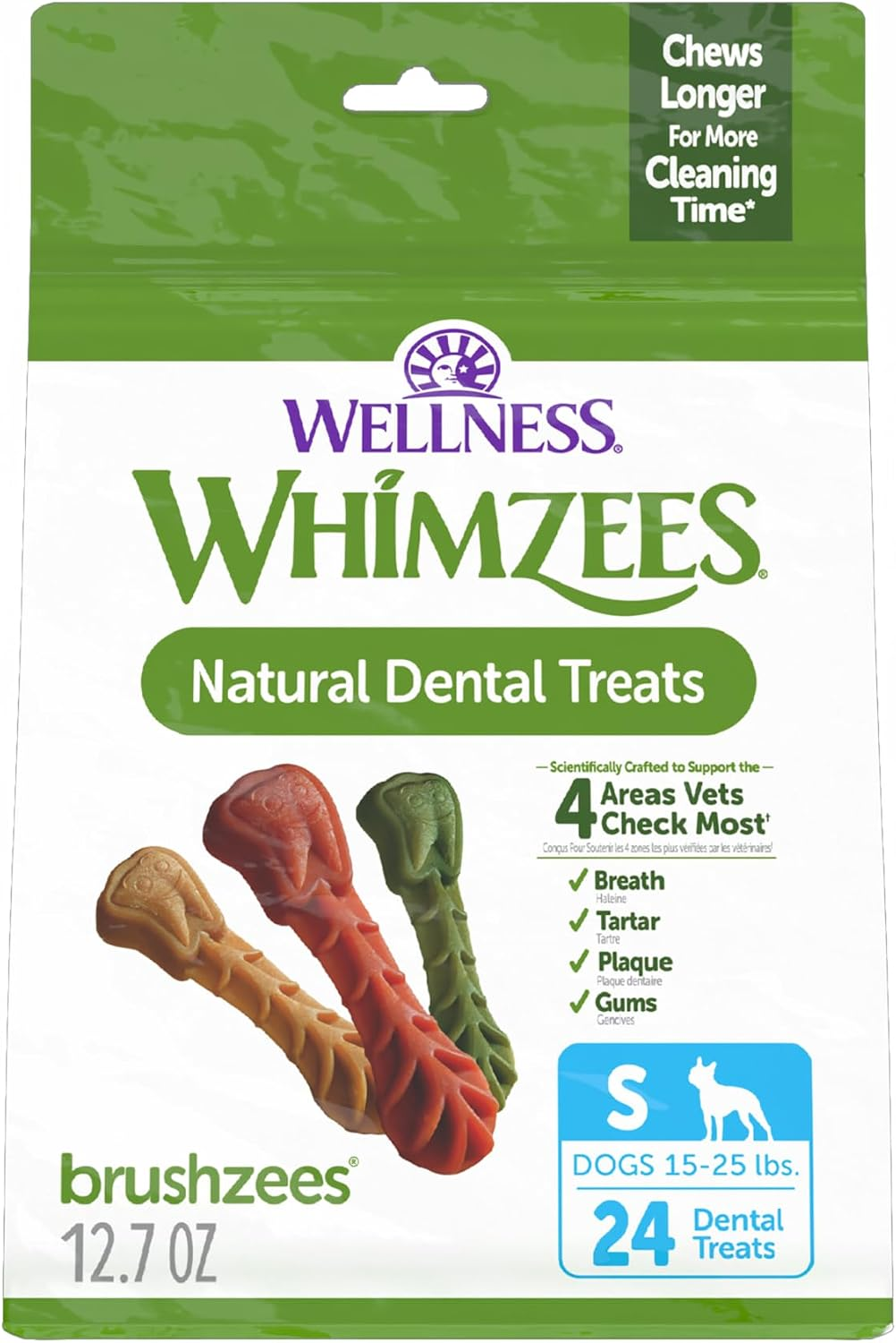 Wellness WHIMZEES Brushzees dental treats, Small for dogs 15–25 lbs, 24-count bag