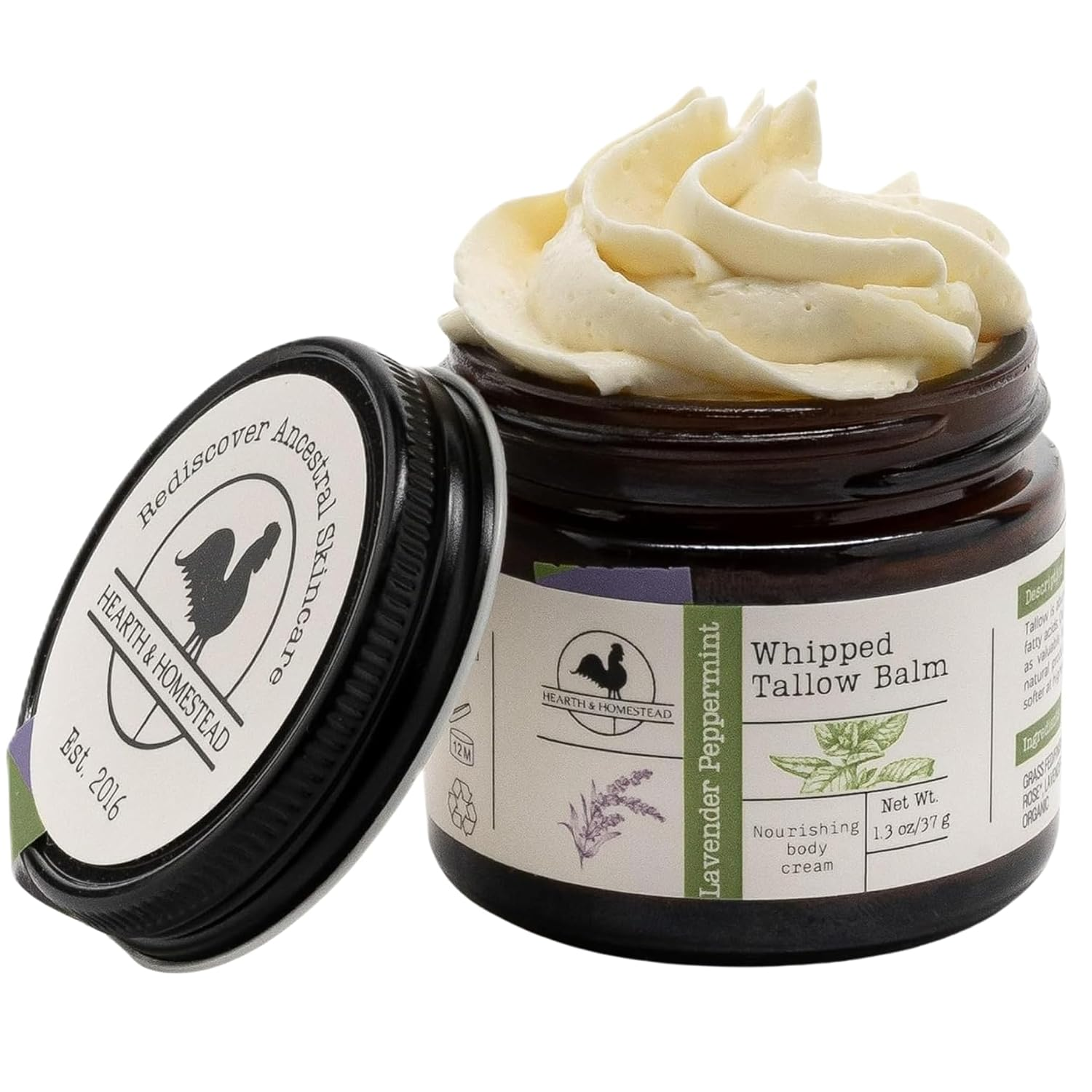 Tallow Balm in open amber glass jar showing whipped cream texture, Lavender Peppermint scent, 1.3 oz, grassfed and organic ancestral skincare on white background