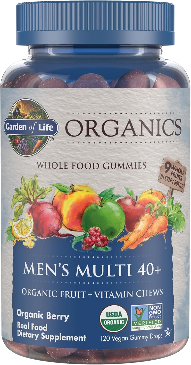 Garden of Life Organics Men's Multi 40+ Gummies — USDA Organic Non-GMO Vegan Kosher Methyl B12 C D3 Organic Berry 120 Vegan Gummy Drops — BodyWell1