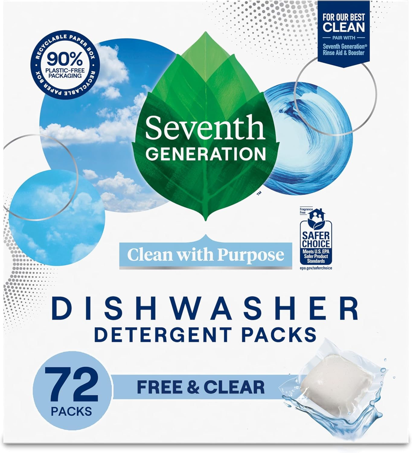 Seventh Generation Dishwasher Detergent Packs 72ct Free and Clear plant-powered EPA Safer Choice recyclable packaging