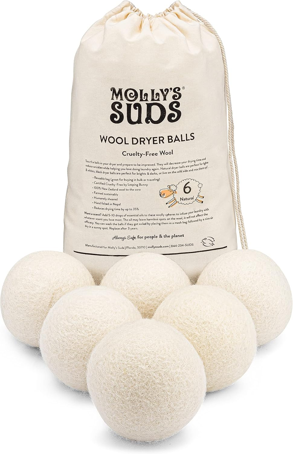 Molly's Suds Wool Dryer Balls 6-Pack natural cruelty-free with reusable cotton drawstring bag on white background