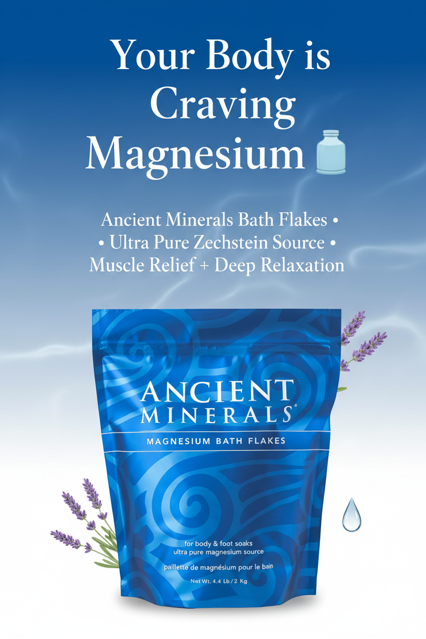 Pinterest pin for Ancient Minerals Magnesium Bath Flakes — Your Body is Craving Magnesium, ultra pure Zechstein source for muscle relief and deep relaxation
