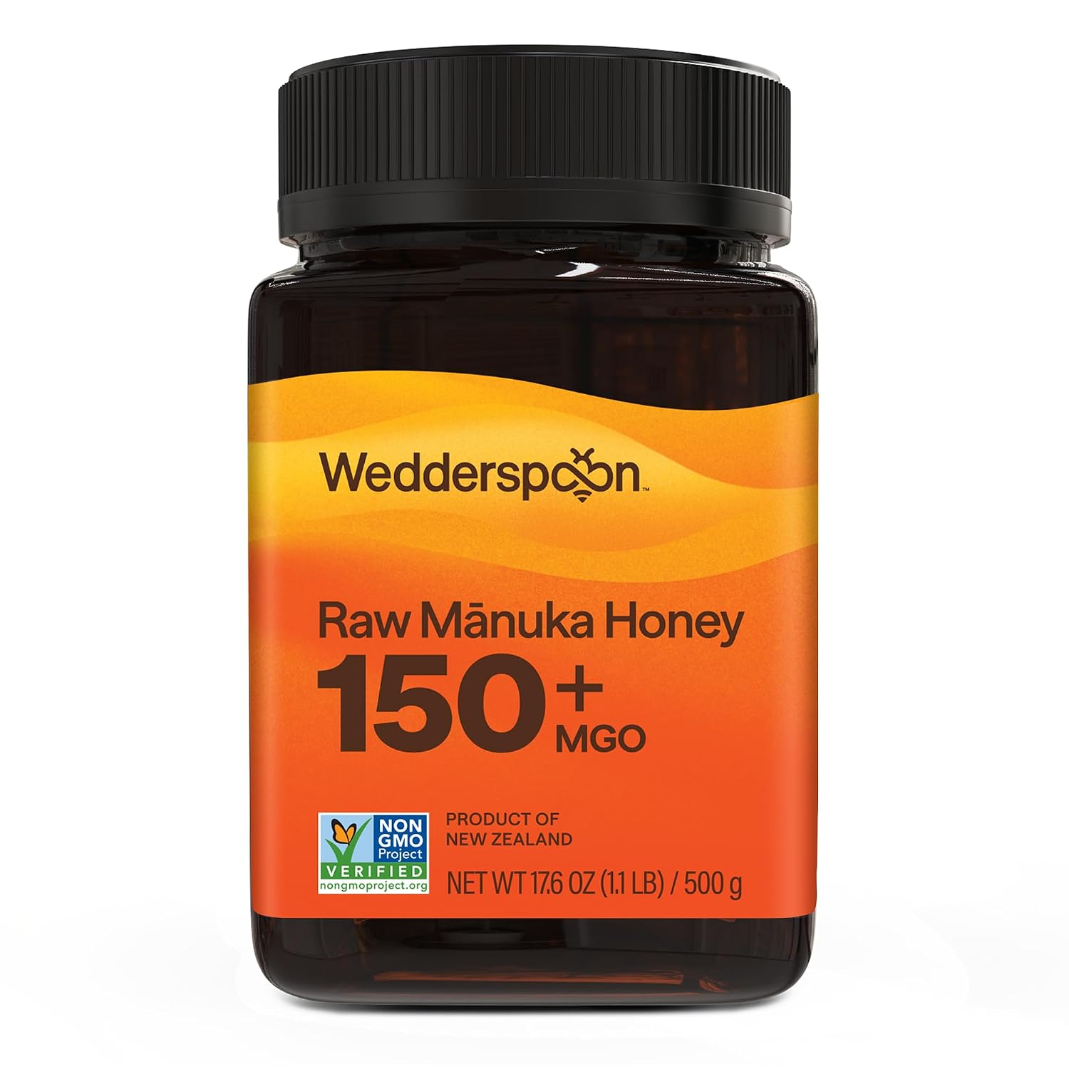 Wedderspoon Raw Manuka Honey MGO 150+ in a dark amber jar with orange and gold label — Non-GMO Project Verified, product of New Zealand, 17.6 oz