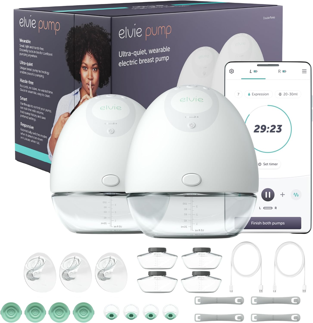 Elvie Double Electric Breast Pump with accessories and app display — wearable, hands-free, BPA-free