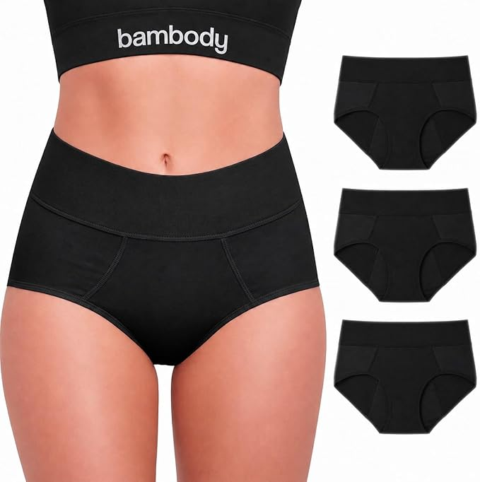 Bambody Absorbent Period Panties 3-Pack in black — bamboo rayon period underwear for women and teens with all-day and overnight leak protection, high-waist brief style